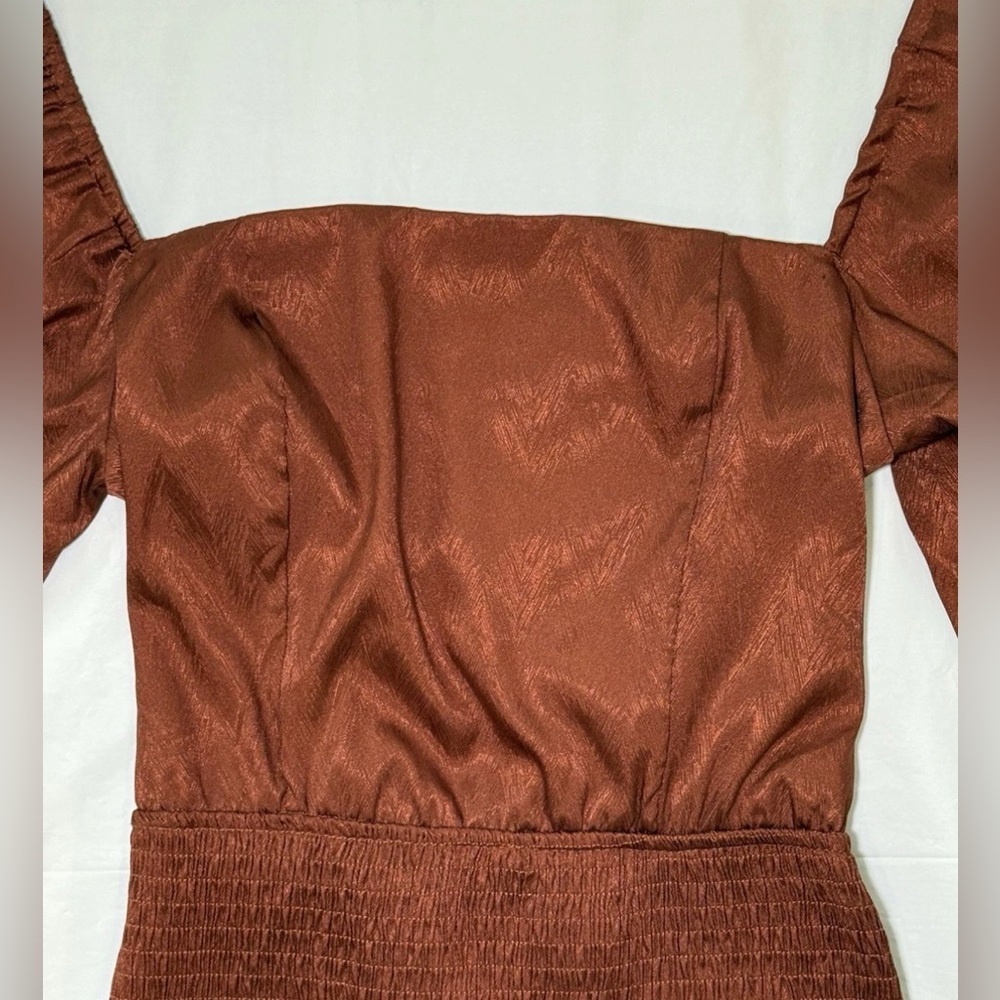 Women's Satin Copper Back Tie Smocked Mini Dress Size M NWOT Bella Mae - Picture 5 of 10